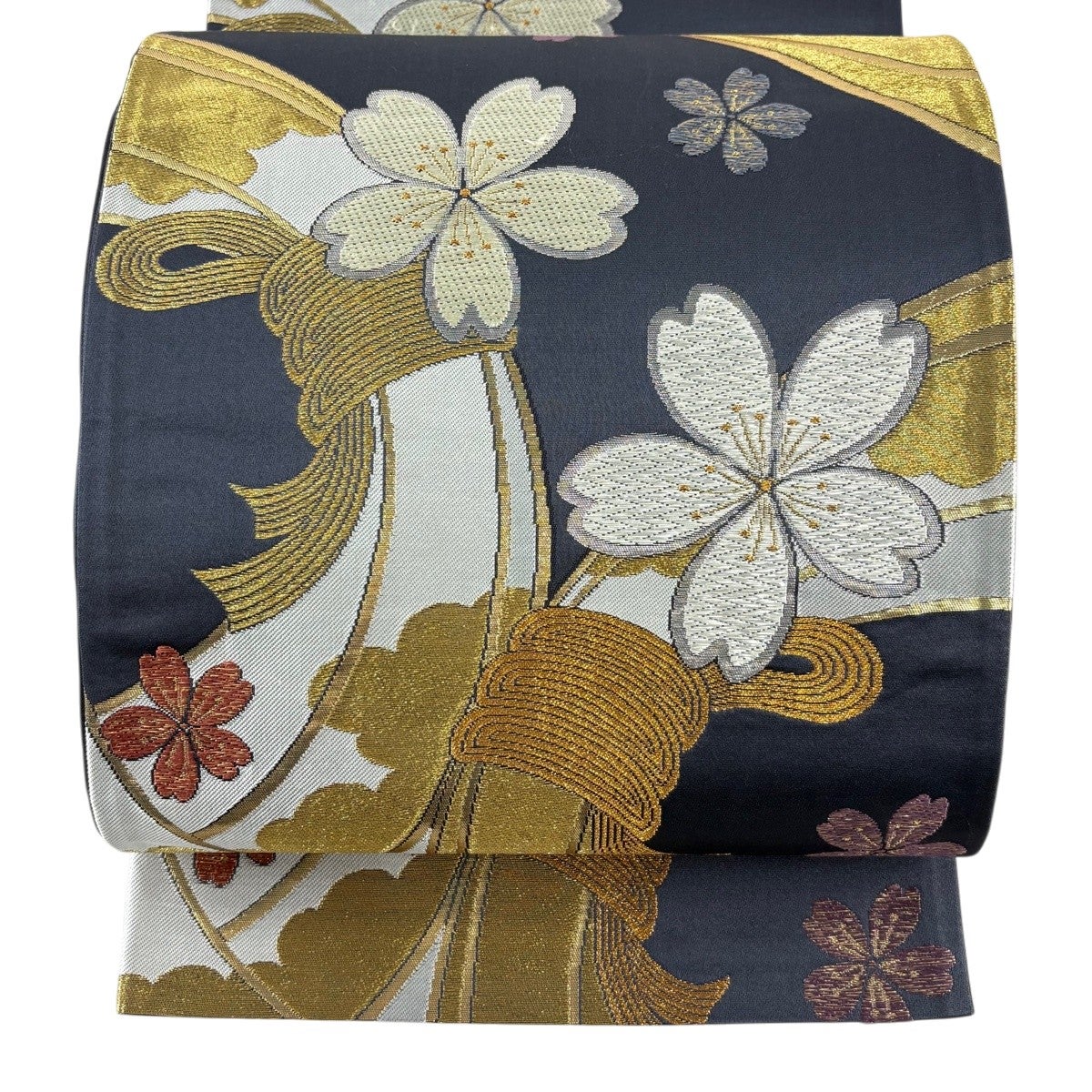 袋帯 秀品 草花 束ね熨斗 金糸 箔 濃紫 六通 正絹｜中古・古着
