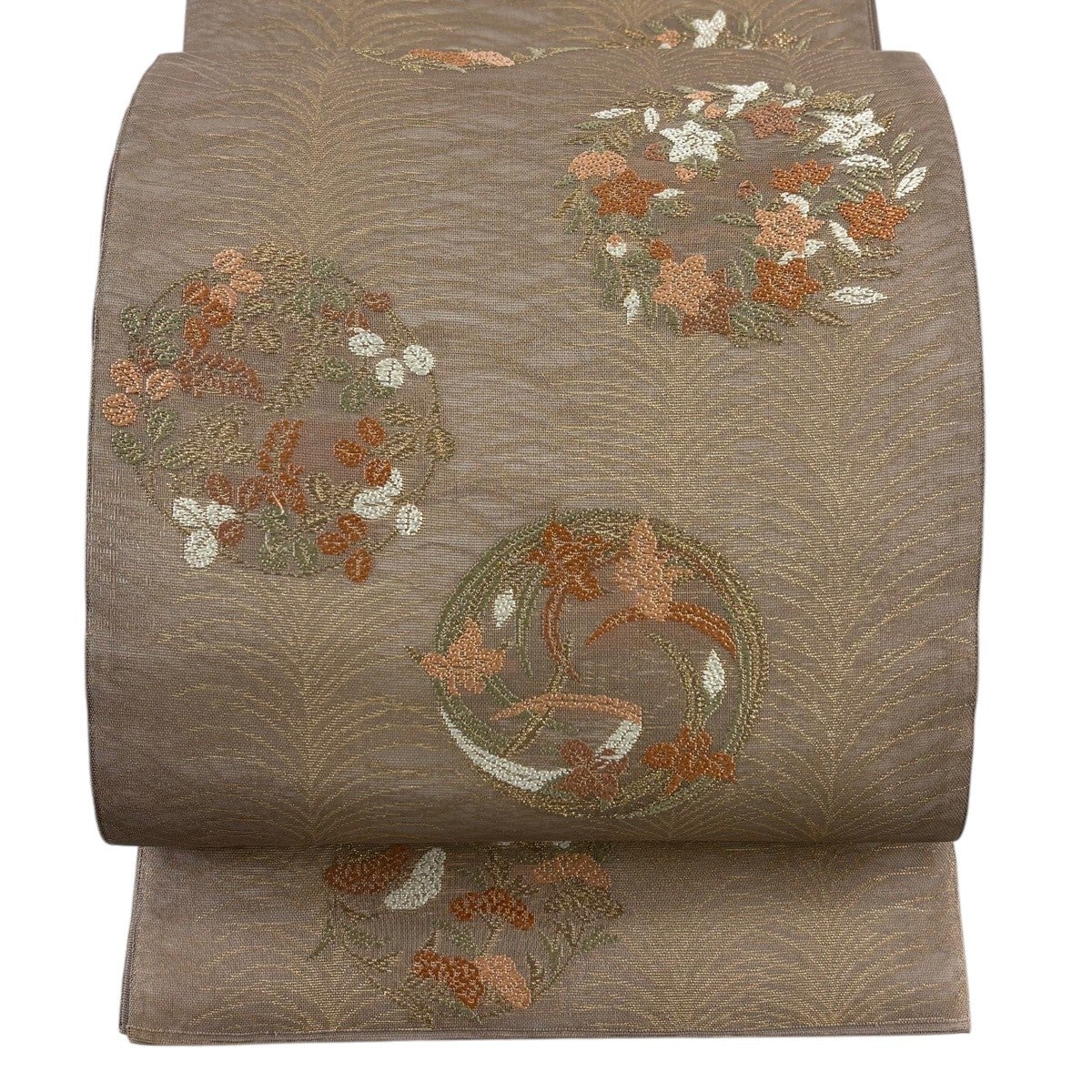 70%OFF 【美品】 袋帯 秀品 夏帯 紗 花丸文 秋草 金糸 箔 灰茶 六通