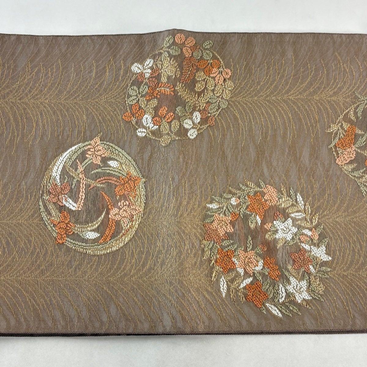 美品】 袋帯 秀品 夏帯 紗 花丸文 秋草 金糸 箔 灰茶 六通 正絹｜中古