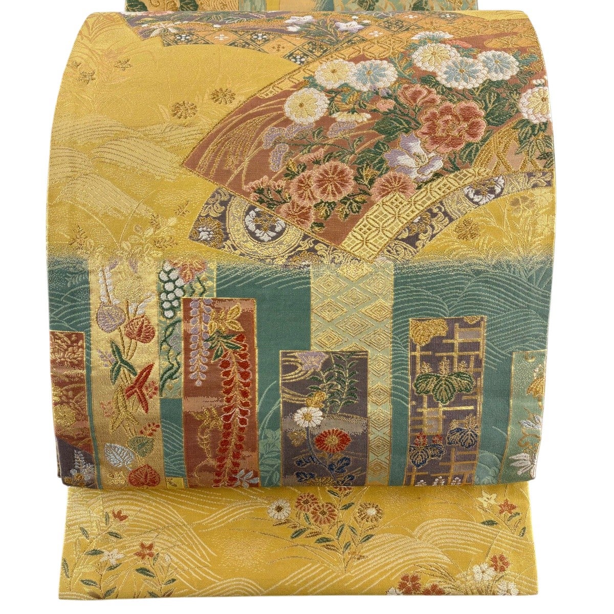 美品】 袋帯 名品 扇面 姫 箔 金糸 金色 お太鼓柄 正絹｜中古・古着