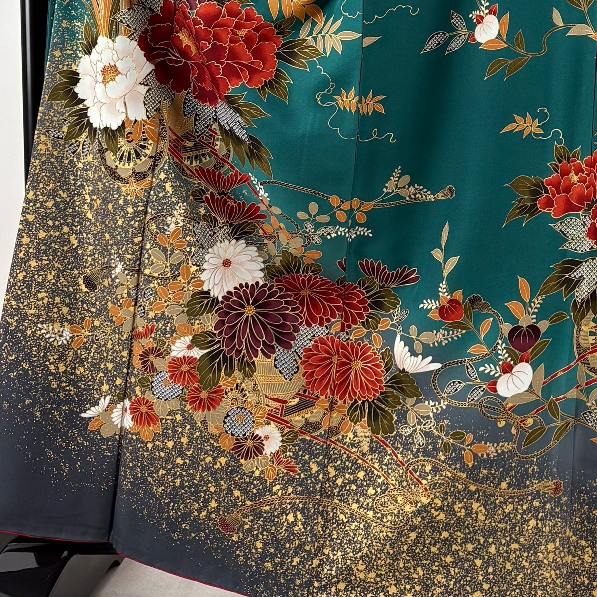 振袖 身丈163cm 裄丈66cm M 袷 花車 草花 金彩 染め分け 緑 正絹 名品