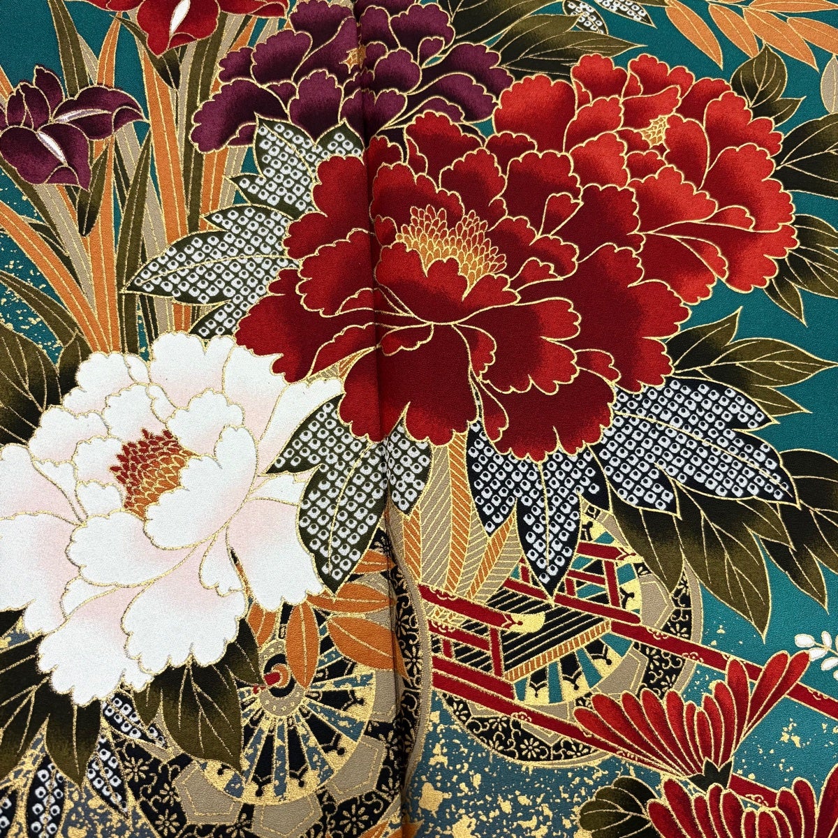 振袖 身丈163cm 裄丈66cm M 袷 花車 草花 金彩 染め分け 緑 正絹 名品