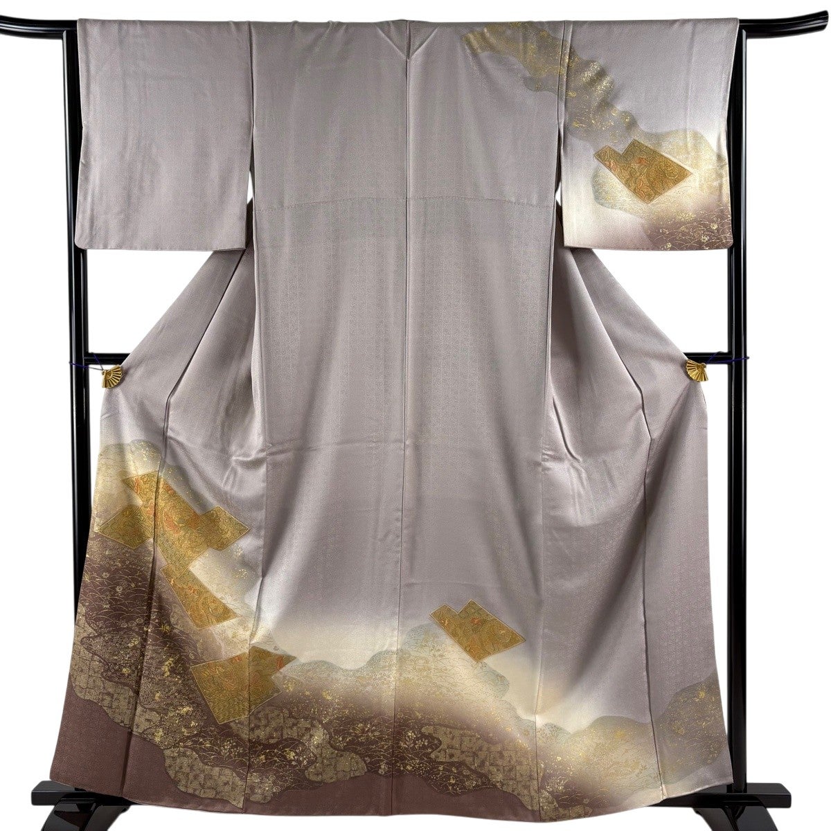 訪問着 身丈160cm 裄丈65.5cm M 袷 華文 花唐草 金糸 絞り 灰紫 正絹
