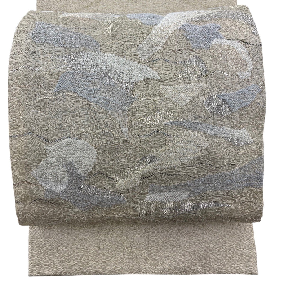 名古屋帯 名品 夏帯 絽 幾何学模様 金銀糸 クリーム 正絹｜中古・古着