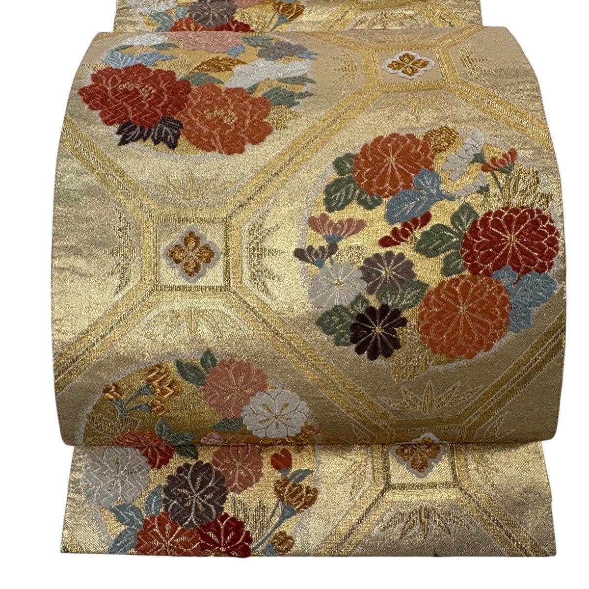 美品】 袋帯 逸品 蜀江文 華文 相良刺繍 金糸 ベージュ 六通 正絹