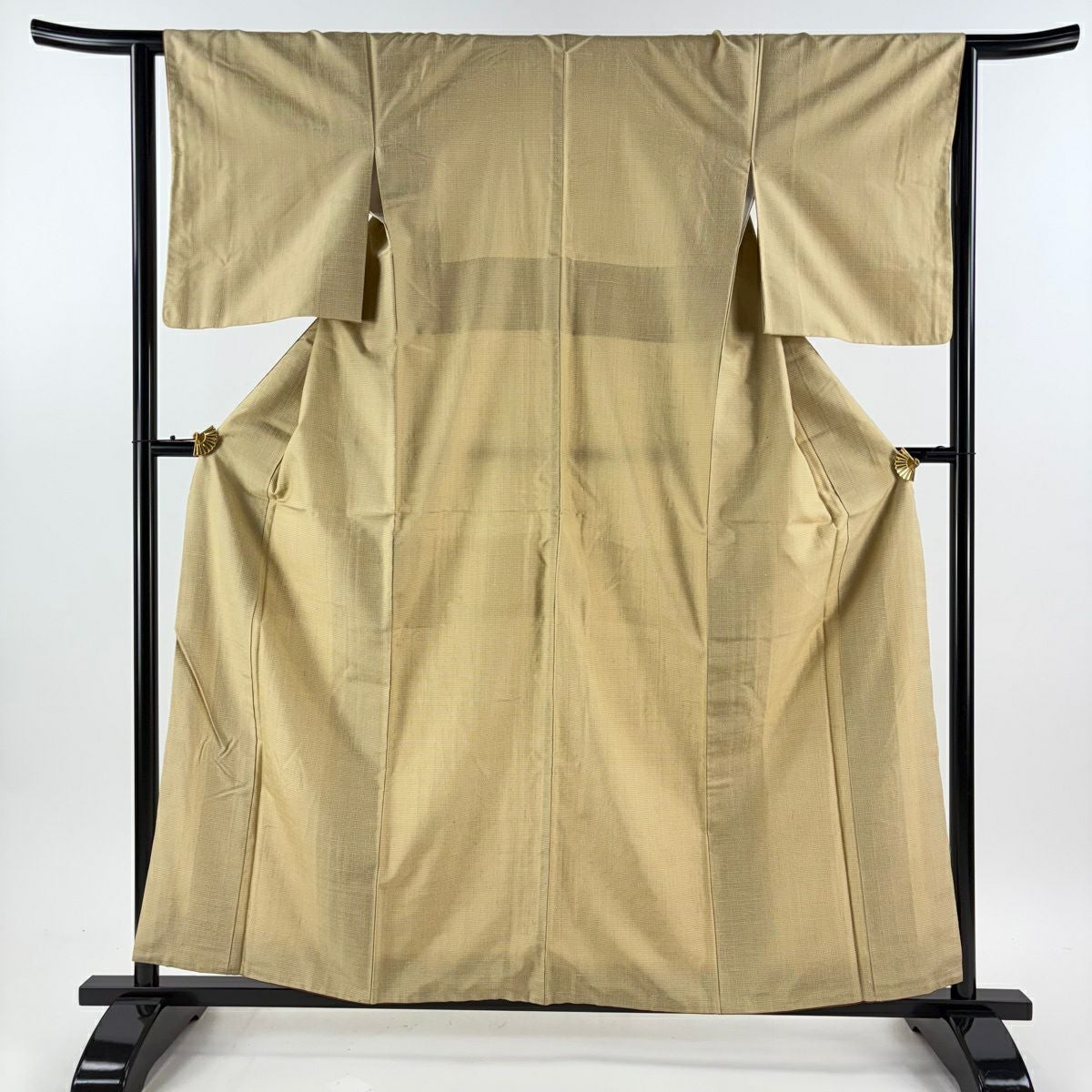 美品】 紬 身丈153.5cm 裄丈63.5cm S 袷 格子 幾何学 深緑 正絹 優品