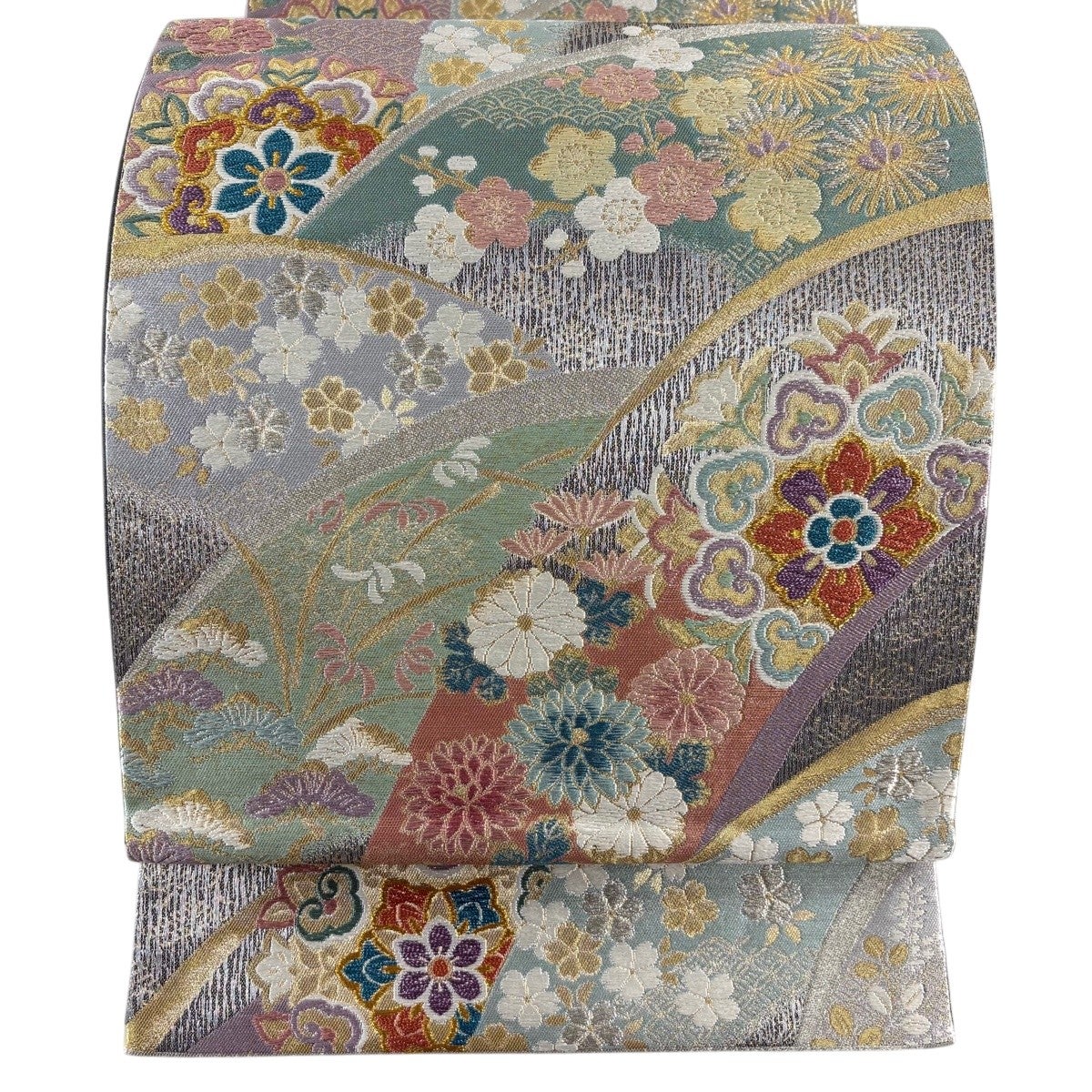 美品】 袋帯 秀品 草花 鳥 箔 金銀糸 薄緑 六通 正絹｜中古・古着