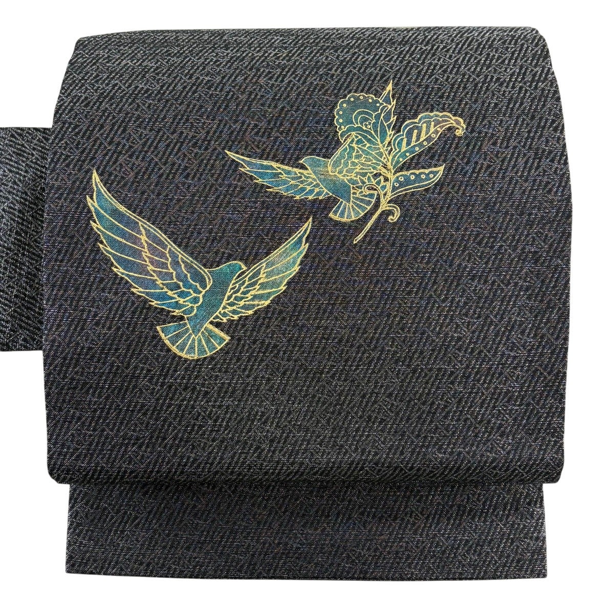 美品】 名古屋帯 秀品 斉藤三才 落款あり 草花 鳥 銀糸 金彩 黒 正絹