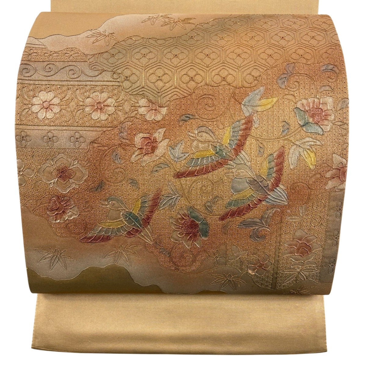 美品】 袋帯 秀品 花唐草 葡萄唐草 切嵌 箔 茶緑色 お太鼓柄 正絹