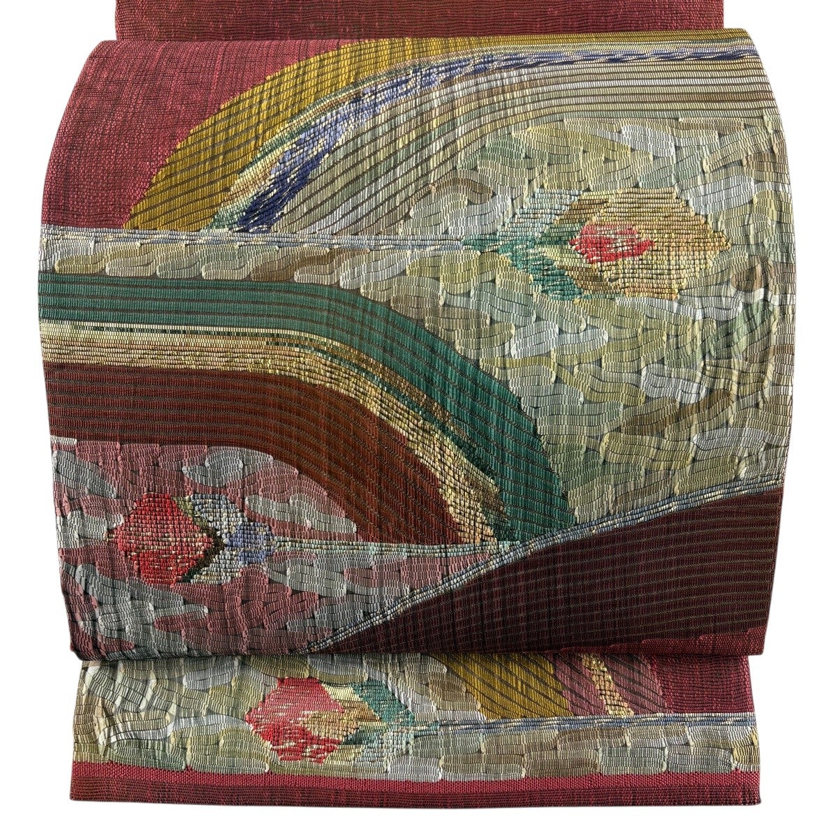 美品】 袋帯 名品 渡文 落款あり リバーシブル 草花 金糸 茜色 お太鼓