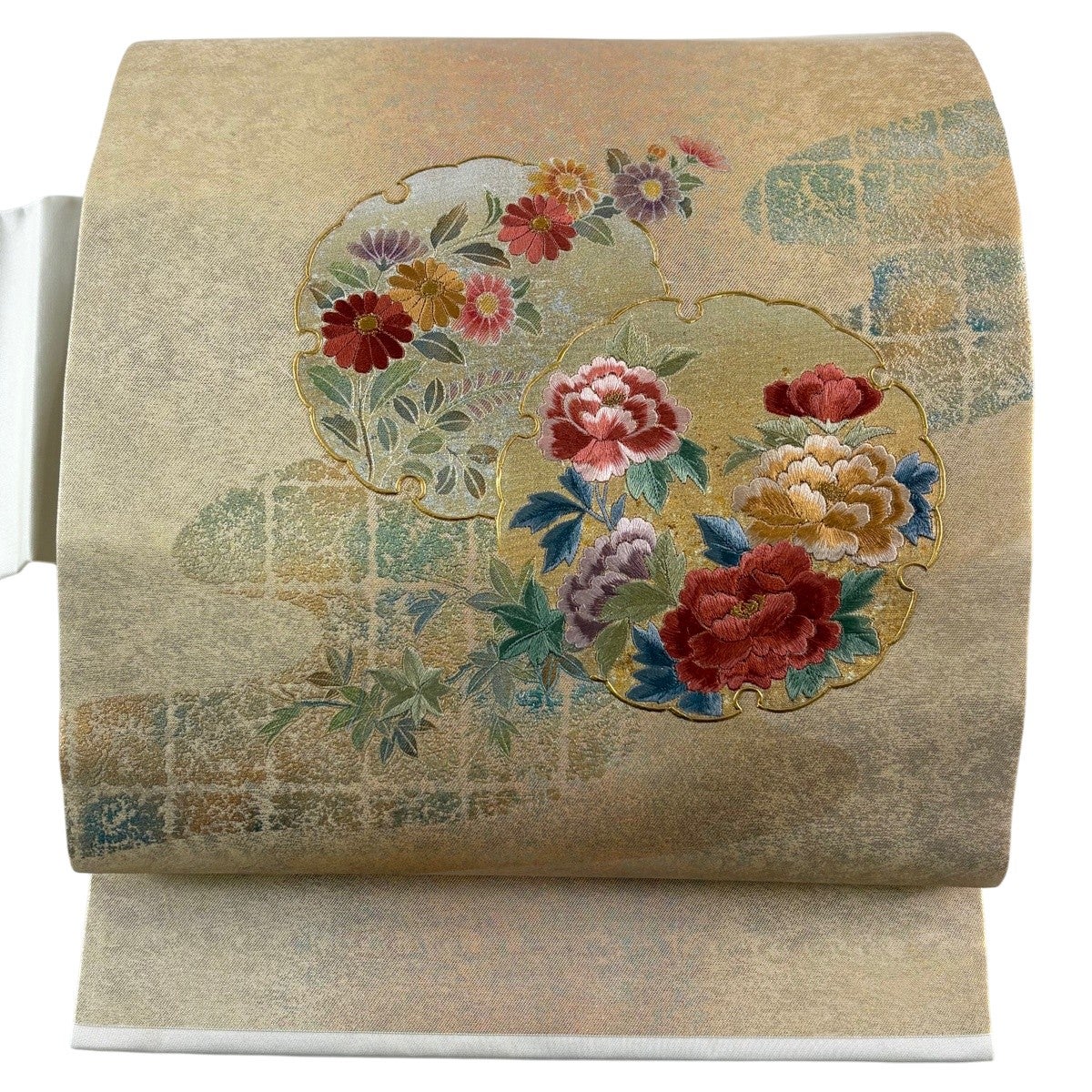 美品】 名古屋帯 秀品 関西仕立て 草花 雪輪 金銀彩 金色 正絹｜中古