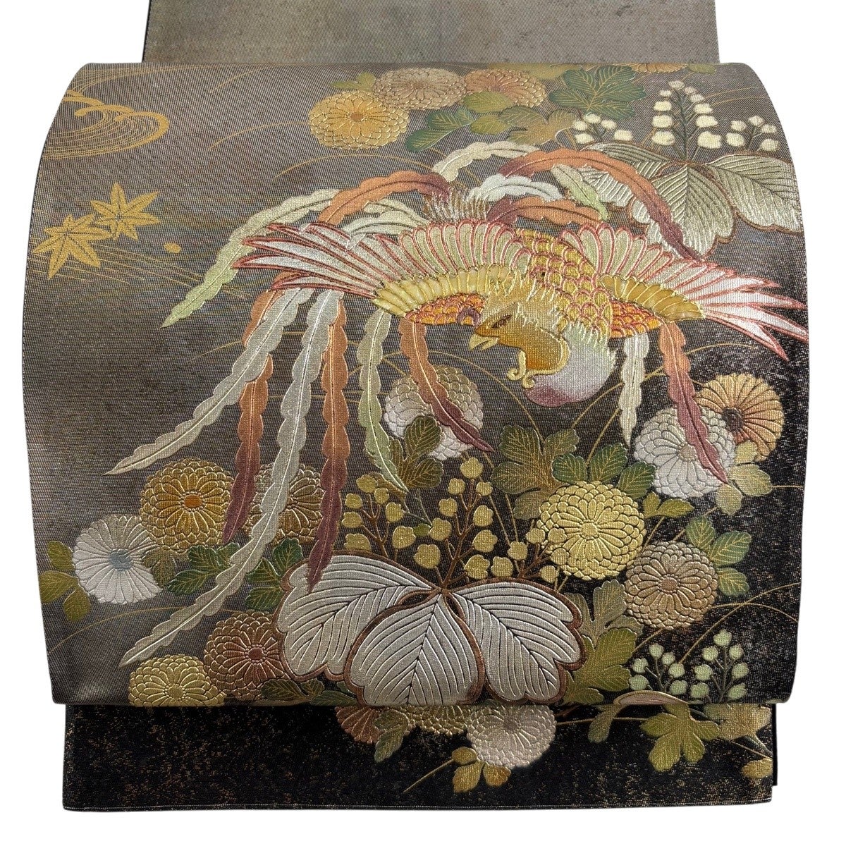 袋帯 秀品 関西仕立て 鳳凰 草花 金銀彩 箔 墨色 お太鼓柄 正絹｜中古