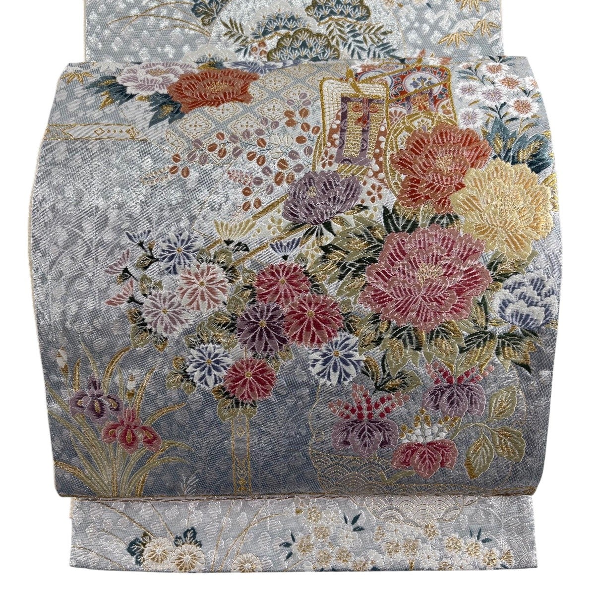 50%OFF 【美品】 袋帯 秀品 有職華文 草花 唐織 箔 灰白 六通 正絹 K50 