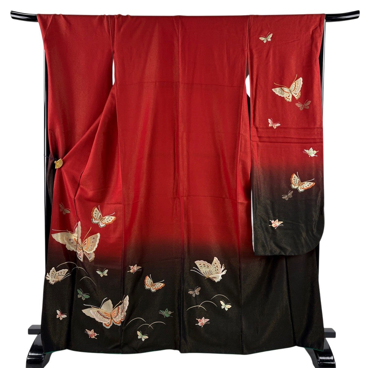 振袖 身丈168.5cm 裄丈66cm 正絹 逸品 【中古】 振袖 身丈168cm 裄丈68.5cm L 袷 蝶 芝 金通し 刺繍 赤茶 正絹 名品