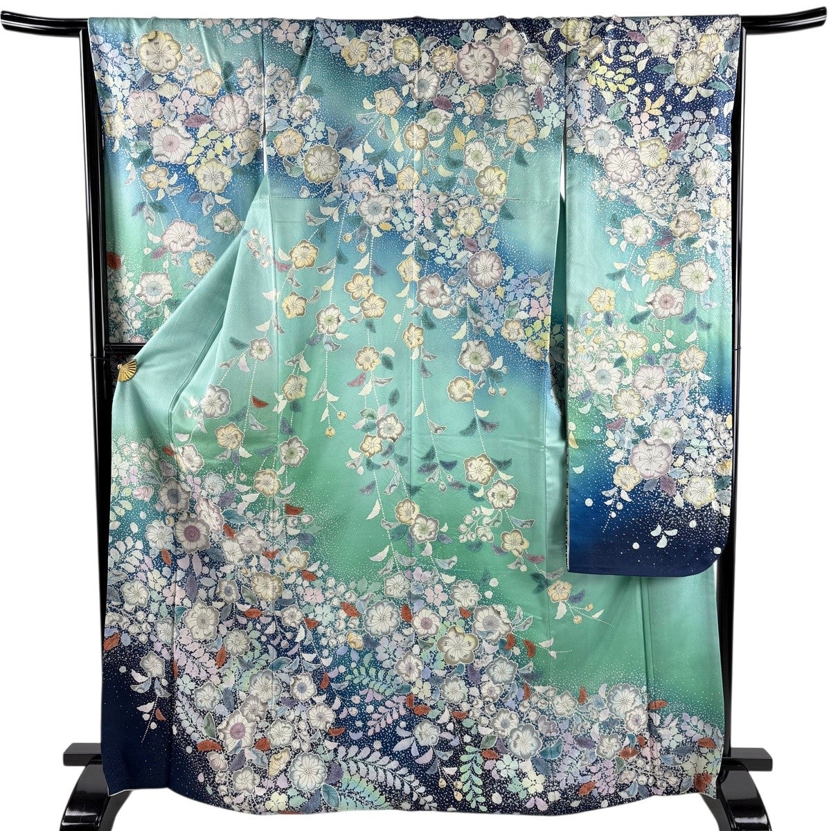 美品】 振袖 身丈168cm 裄丈67.5cm L 袷 辻が花 銀通し 染め分け 青緑