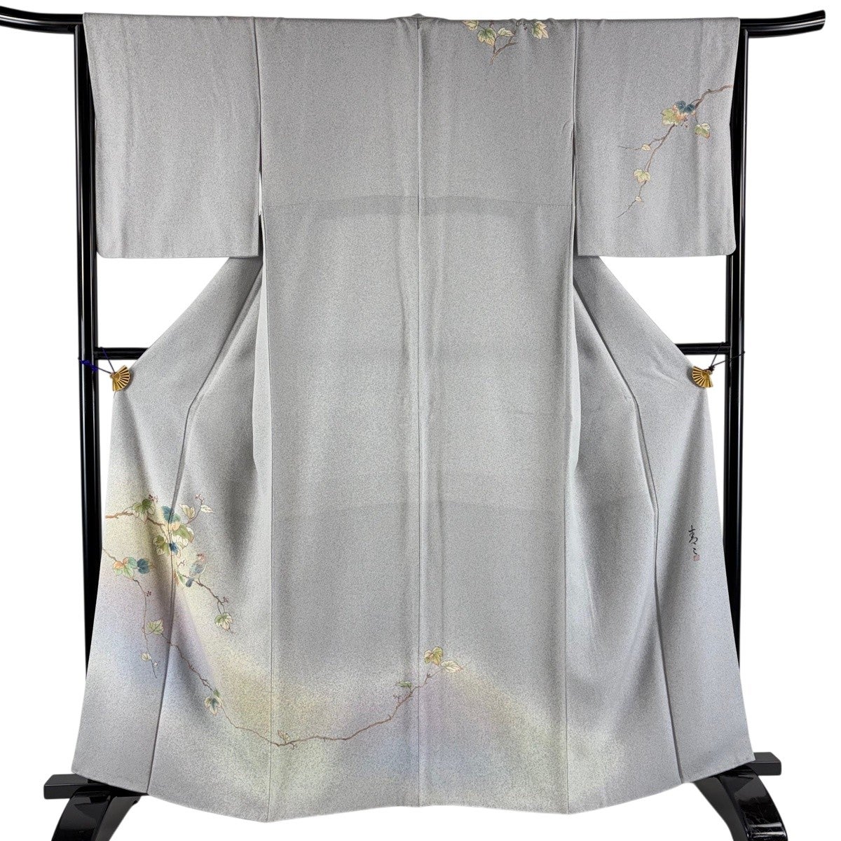 訪問着 身丈163.5cm 裄丈64cm 正絹 逸品 【中古】 訪問着 身丈163cm 裄丈66cm M 袷 松井青々 落款あり 葉と実 鳥 刺繍