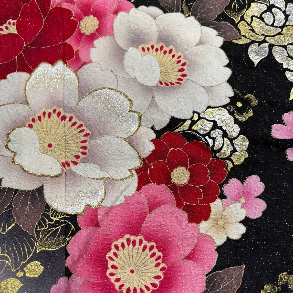 振袖 身丈168cm 裄丈67cm M 袷 桜 薔薇 銀通し 金銀彩 黒 正絹 逸品