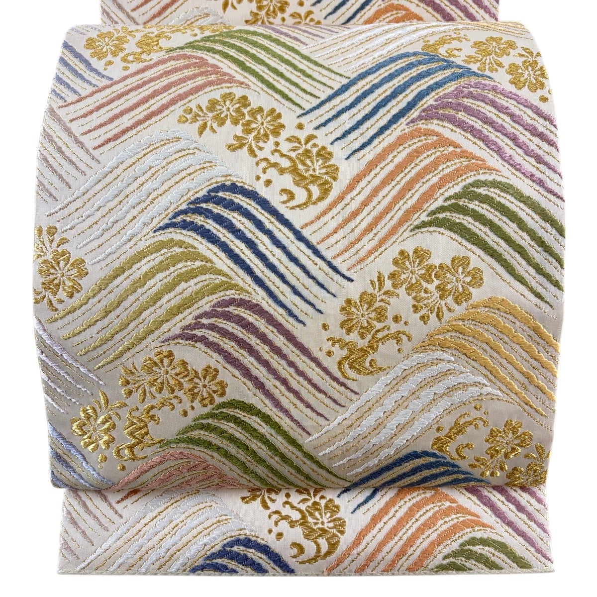 もじり織　袋帯　ベージュ金糸 美品】 袋帯 名品 吉祥唐織 波 花 金糸 ベージュ 六通 正絹｜中古