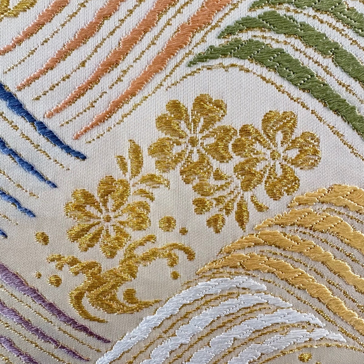 美品】 袋帯 名品 吉祥唐織 波 花 金糸 ベージュ 六通 正絹｜中古