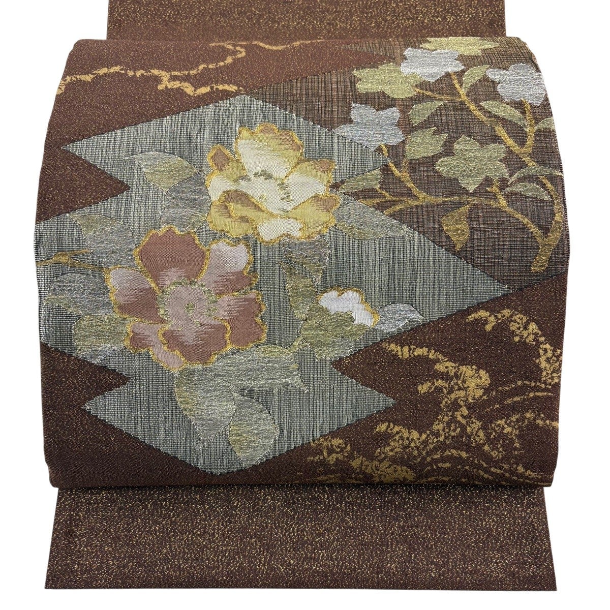 美品】 袋帯 秀品 草花 松皮菱 金銀糸 箔 茶色 お太鼓柄 正絹｜中古