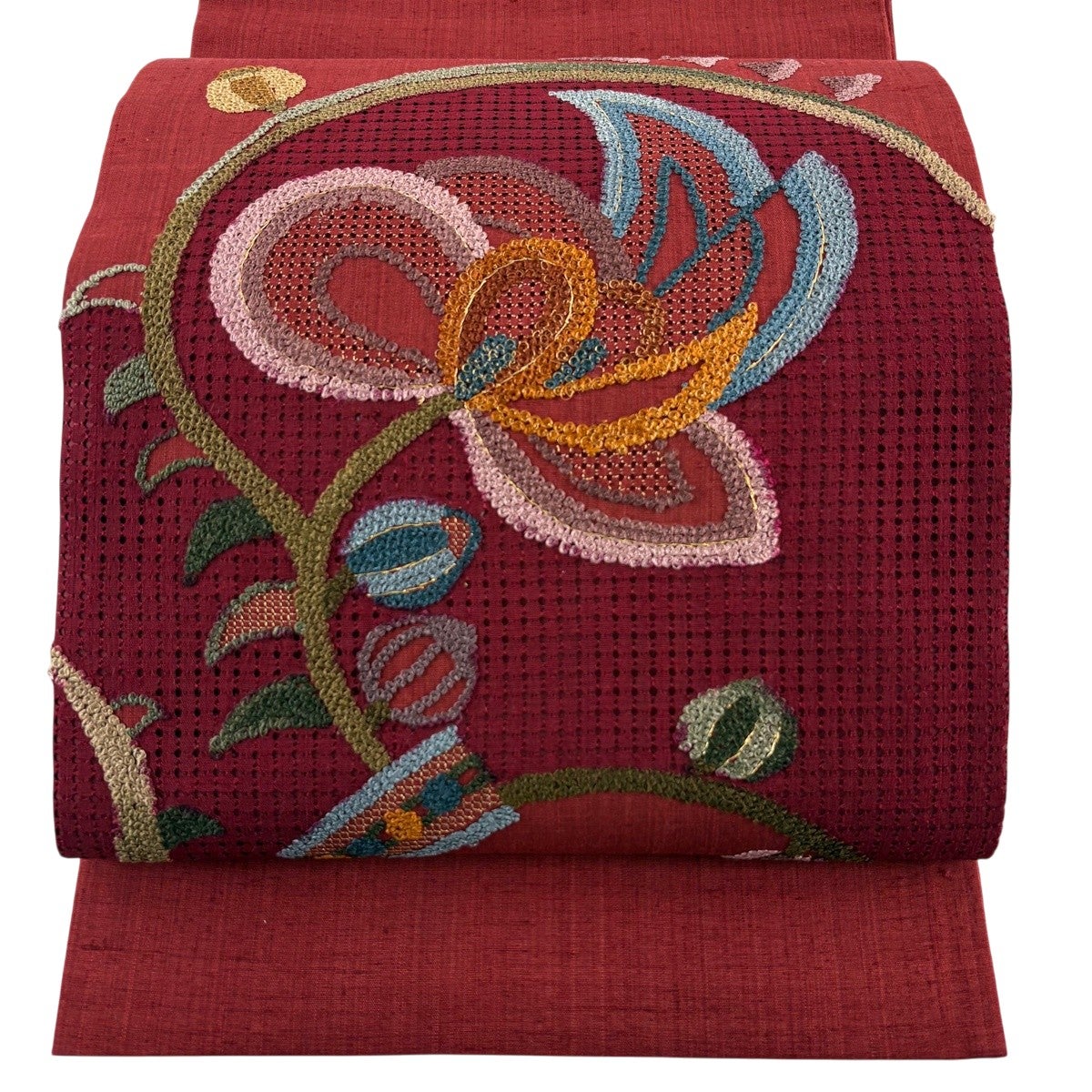 ZY-716 逸品 袋帯 汕頭刺繍 花唐草 太鼓柄 未使用品 美品 六通 正絹 美品】 袋帯 秀品 草花 金糸 刺繍 赤茶 お太鼓柄 正絹｜中古・古着