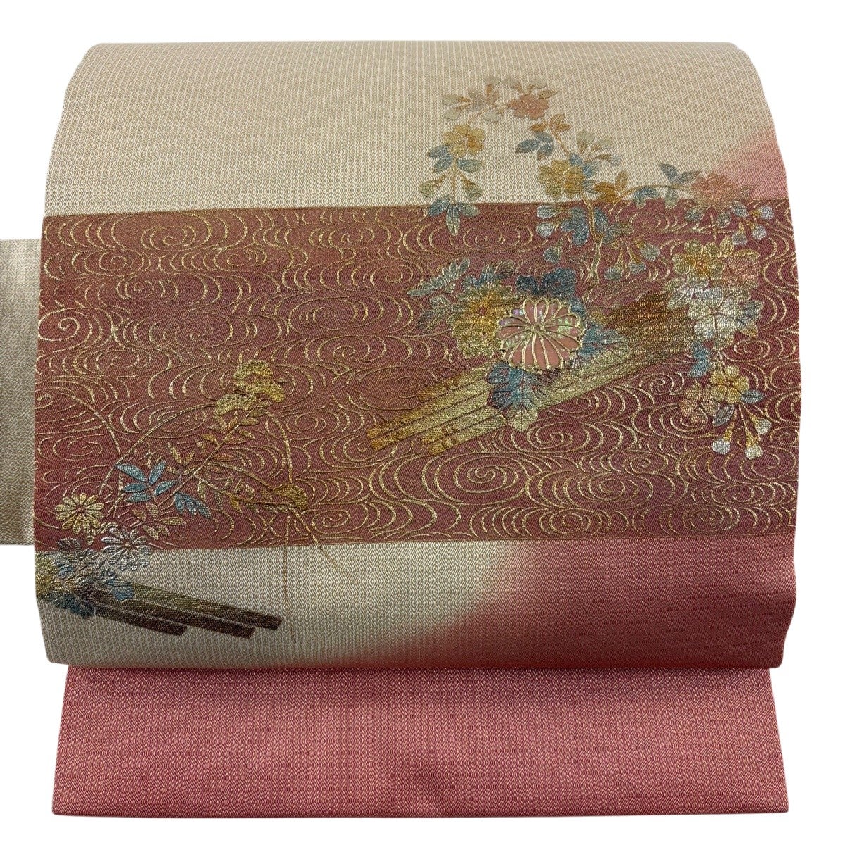 美品】 名古屋帯 秀品 花筏 観世水 金銀彩 金糸 ピンクベージュ 正絹