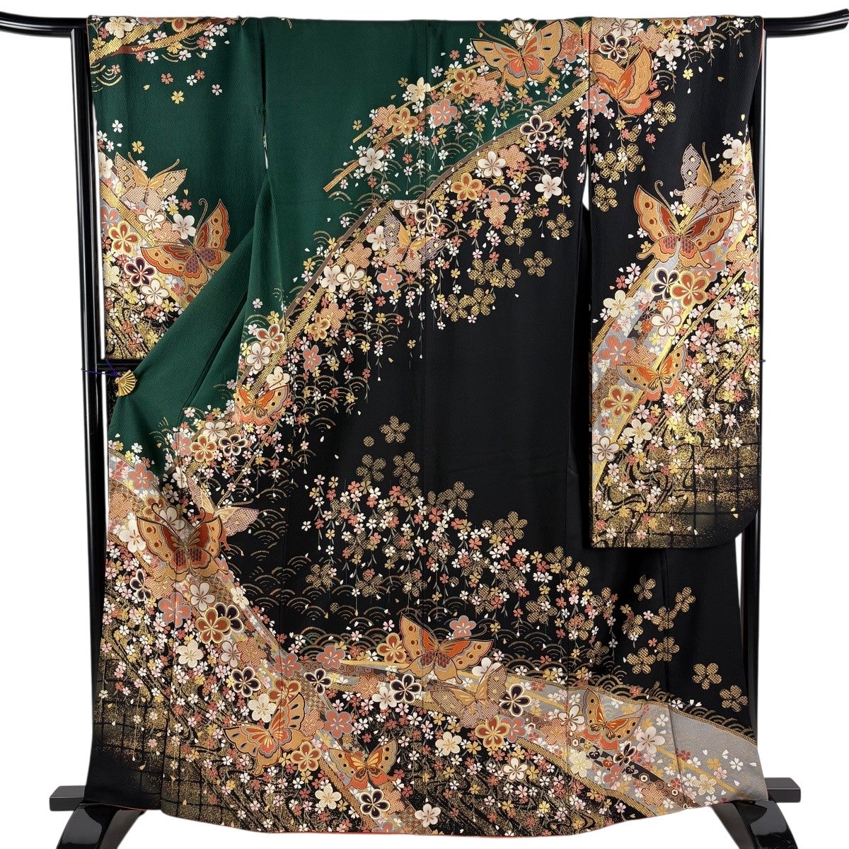振袖 身丈162.5cm 裄丈66cm M 袷 蝶 桜 金糸 金彩 深緑 正絹 秀品