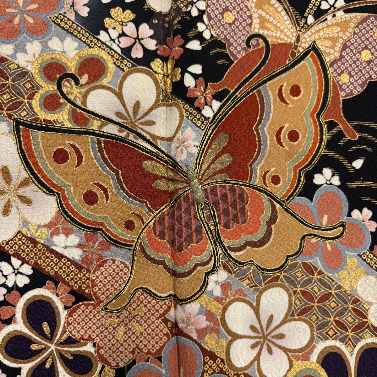 振袖 身丈162.5cm 裄丈66cm M 袷 蝶 桜 金糸 金彩 深緑 正絹 秀品