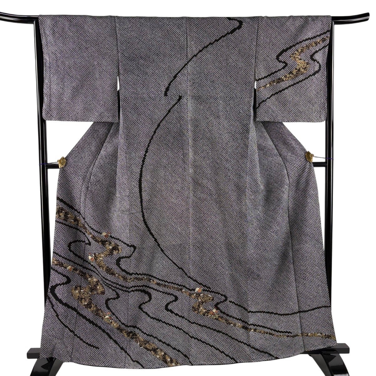 訪問着 身丈161cm 裄丈65.5cm M 袷 枝花 七宝 絞り 黒 正絹 秀品｜中古
