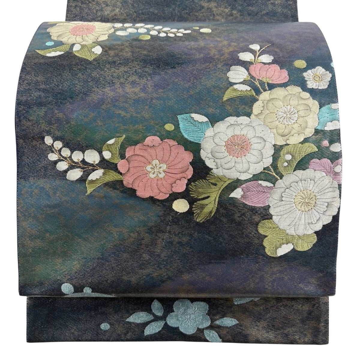 袋帯 秀品 草花 金糸 箔 青緑 お太鼓柄 正絹｜中古・古着・リサイクル