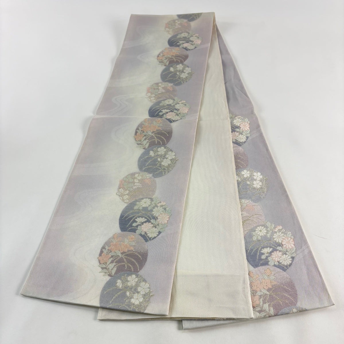 袋帯 秀品 夏帯 絽 秋草 流水 金銀糸 灰紫 六通 正絹｜中古・古着