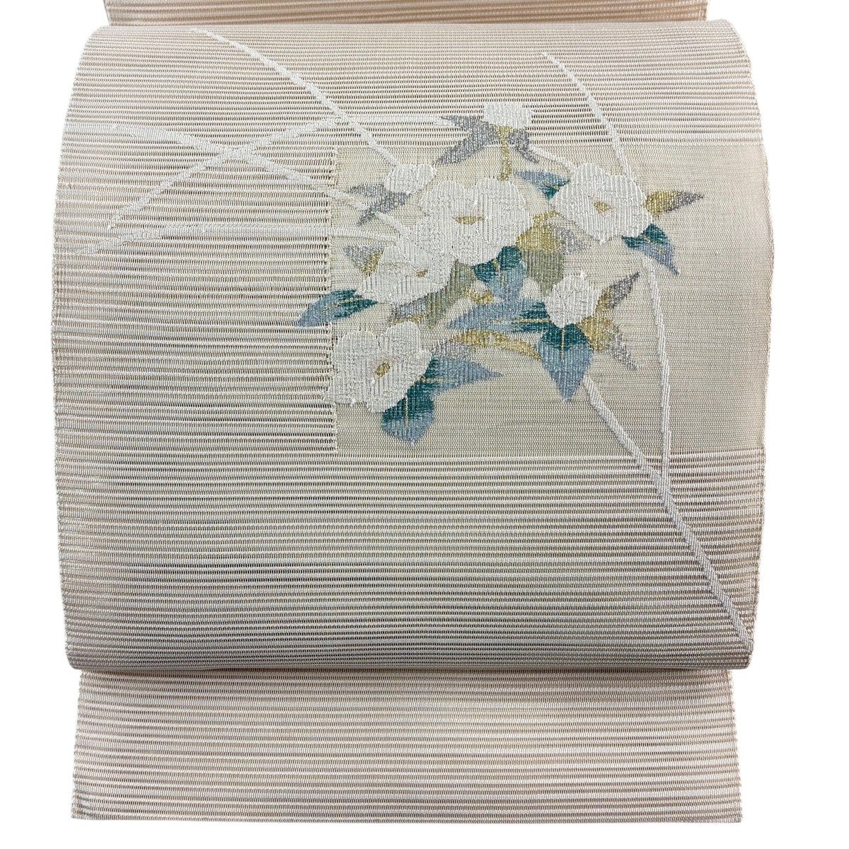 名古屋帯 秀品 夏帯 絽 八寸名古屋帯 草花 金銀糸 クリーム 正絹｜中古