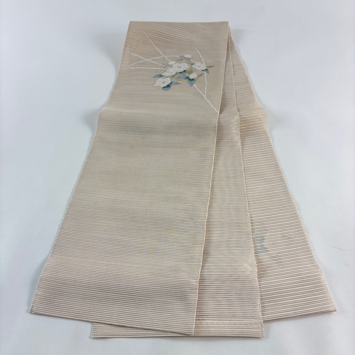 名古屋帯 秀品 夏帯 絽 八寸名古屋帯 草花 金銀糸 クリーム 正絹｜中古