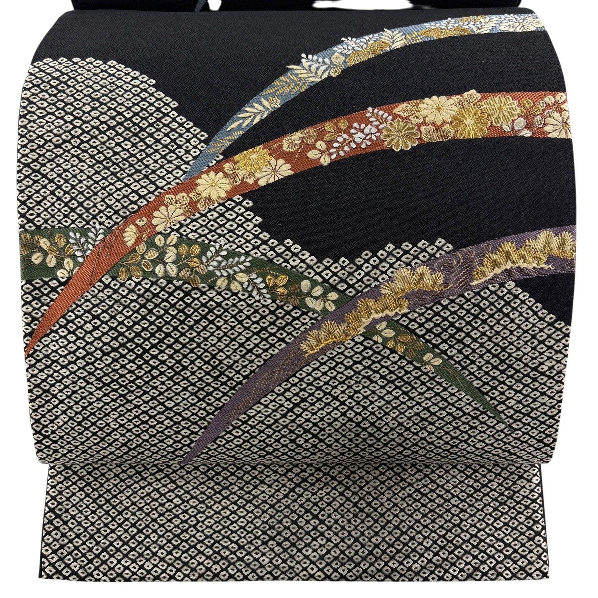 美品】 袋帯 秀品 雪輪 花 金糸 箔 黒灰 お太鼓柄 正絹 【中古】 袋帯