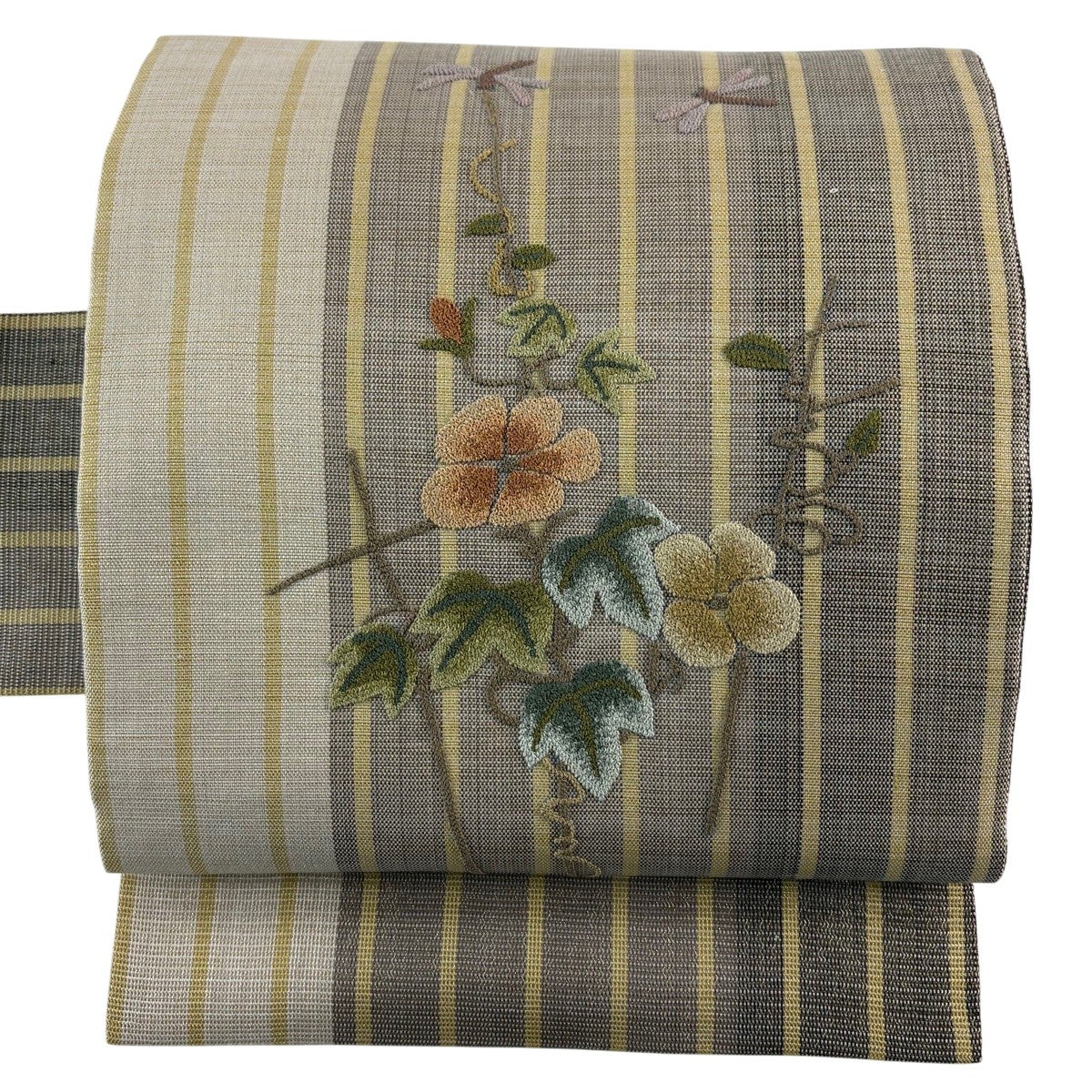 名古屋帯 名品 夏帯 絽 うちわ トンボ 金糸 刺繍 黒 正絹｜中古・古着