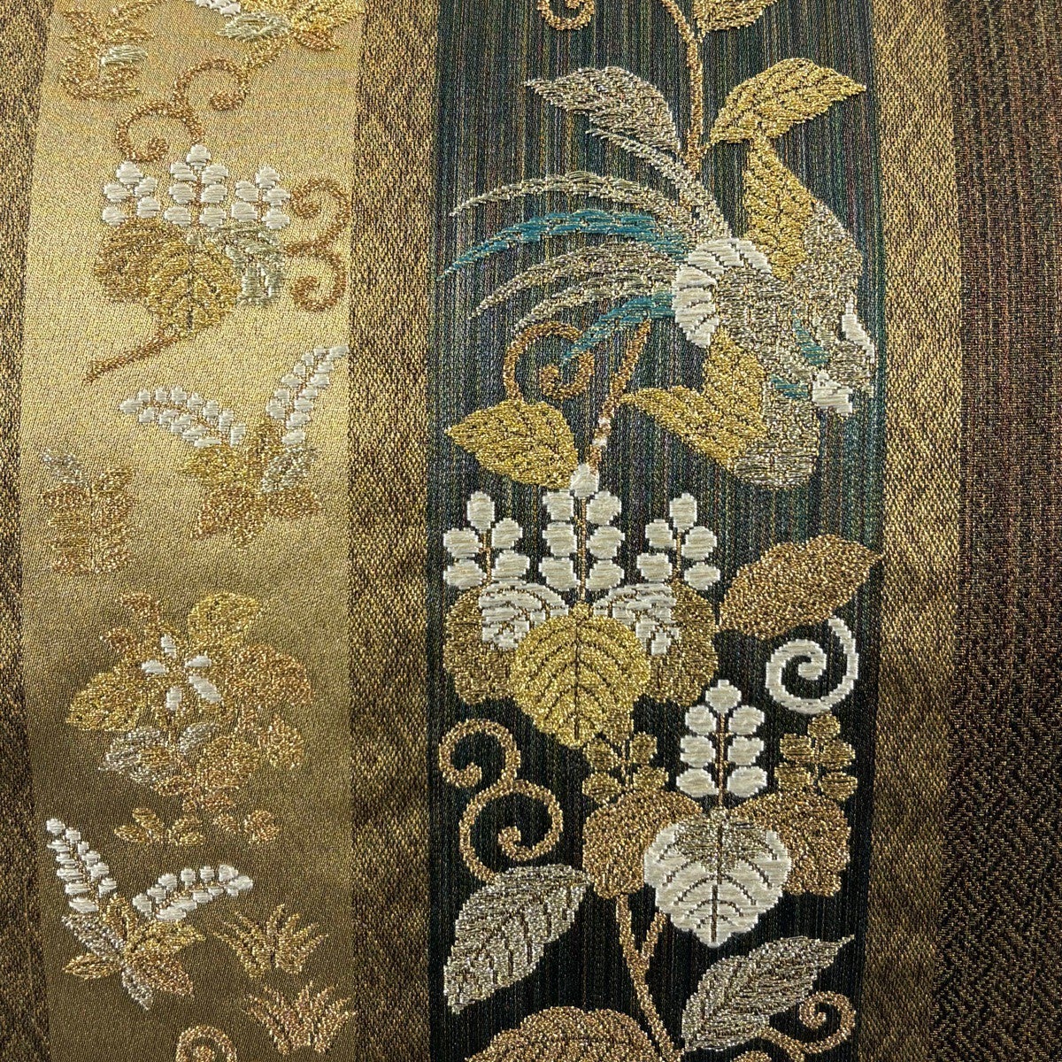 美品】 袋帯 秀品 尾長鳥 桐 金糸 箔 金茶 六通 正絹｜中古・古着