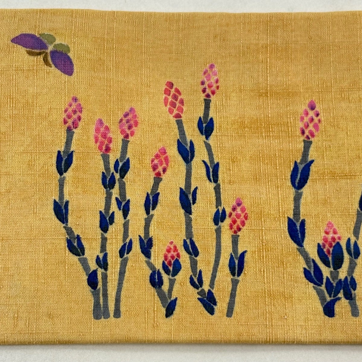 名古屋帯 名品 紬地 つくし 蝶 金彩 薄黄土色 正絹｜中古・古着