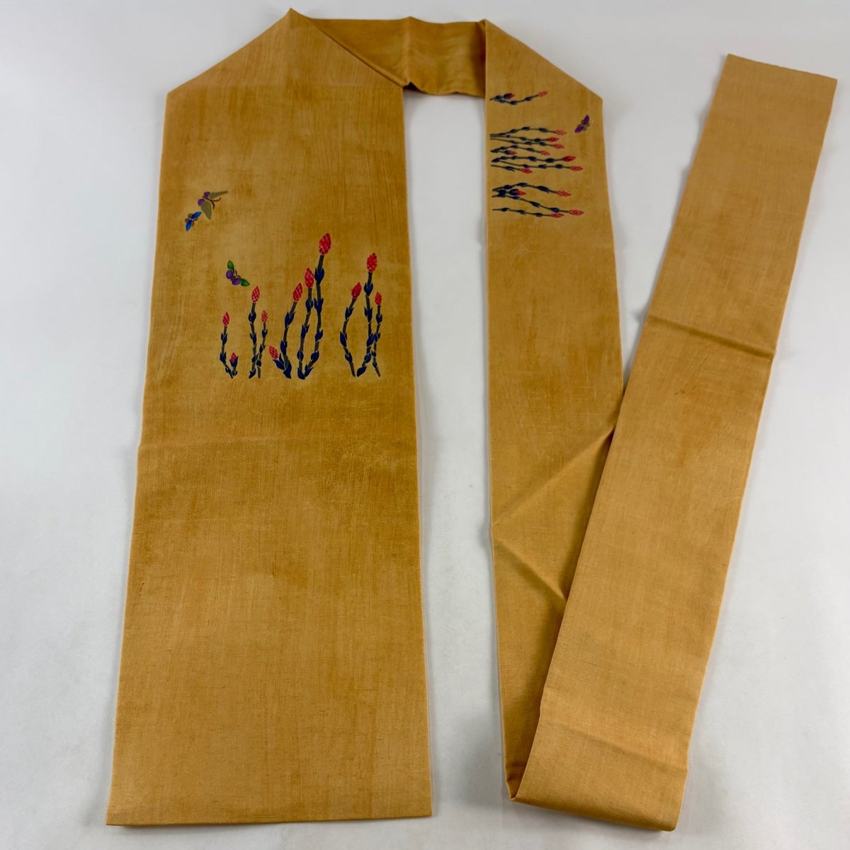 名古屋帯 名品 紬地 つくし 蝶 金彩 薄黄土色 正絹｜中古・古着