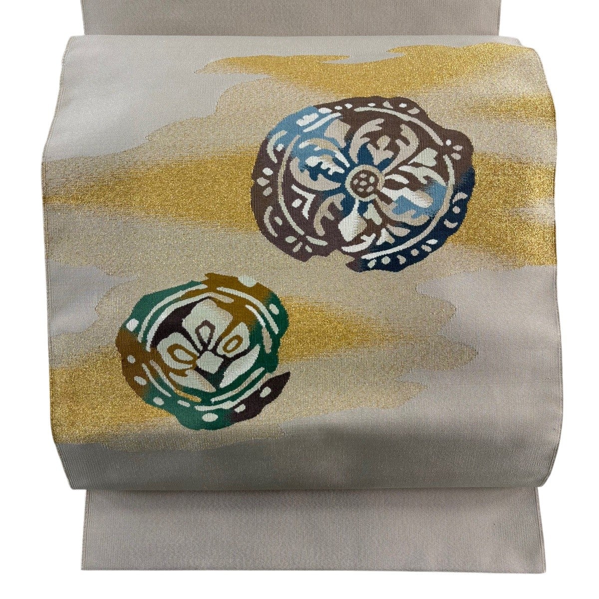 美品】 名古屋帯 秀品 八寸名古屋帯 松葉仕立て 縞 金糸 薄茶色 正絹