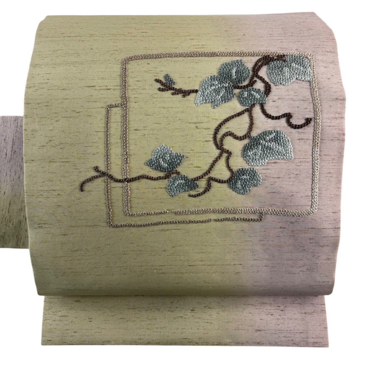 名古屋帯 未使用品 紬 つむぎ 花柄 しつけ糸 綴じ糸 NO-958 Prices down2】濱まわた紬九寸帯「ブルー 糸菊」未仕立て 日本の絹 六