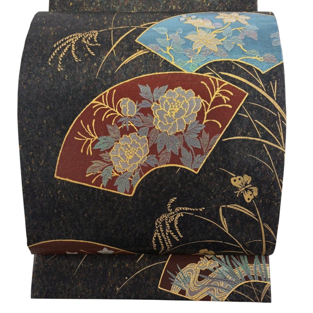 袋帯 秀品 扇面 牡丹 箔 金彩 黒灰 お太鼓柄 正絹｜中古・古着