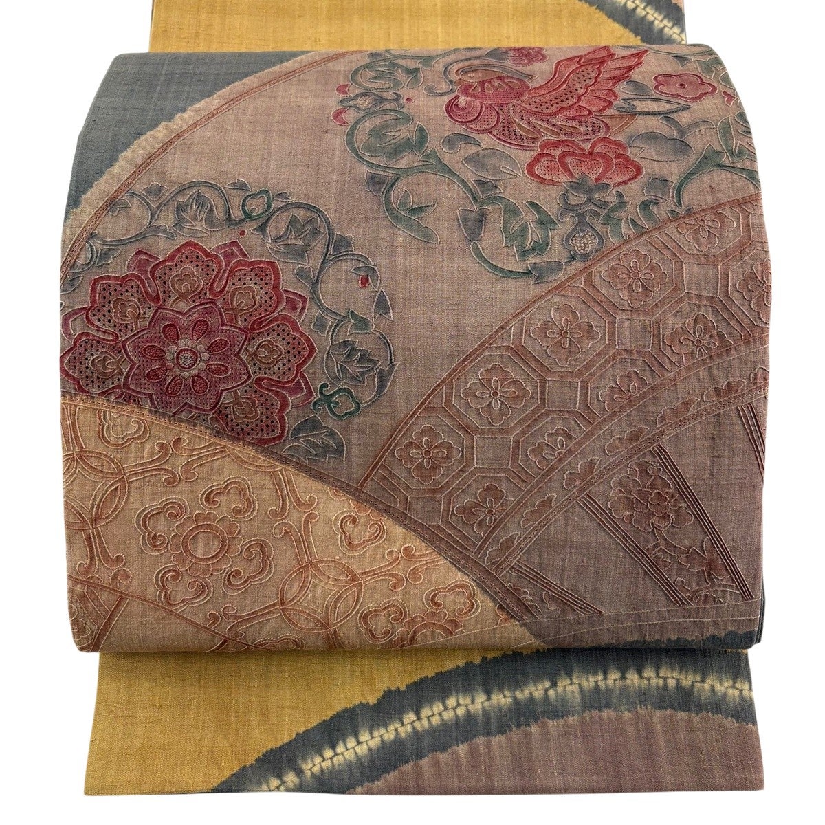 美品】 袋帯 秀品 落款あり 紬地 花籠 草花 刺繍 金糸 茜色 お太鼓柄