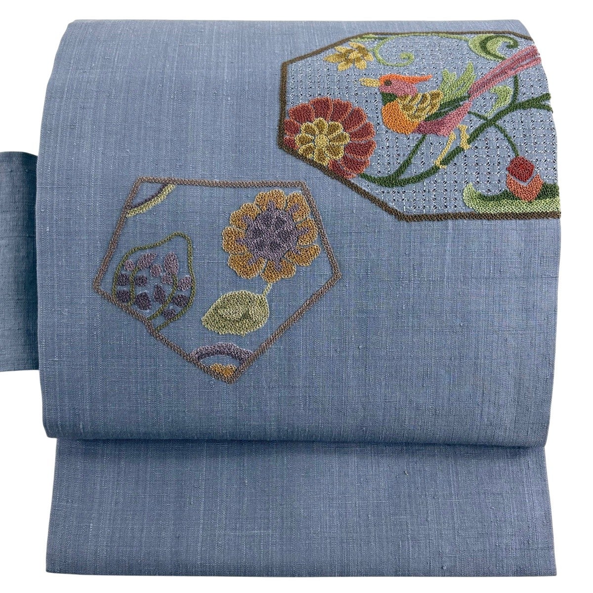 美品】 名古屋帯 秀品 花 幾何学模様 絞り 灰紫 正絹｜中古・古着
