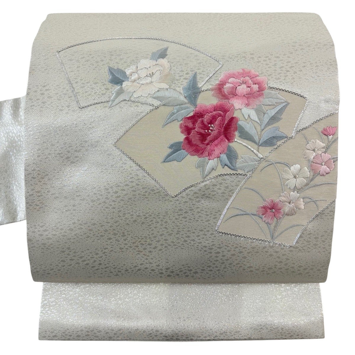 名古屋帯 優品 草花 扇面 刺繍 銀糸 銀色 正絹｜中古・古着