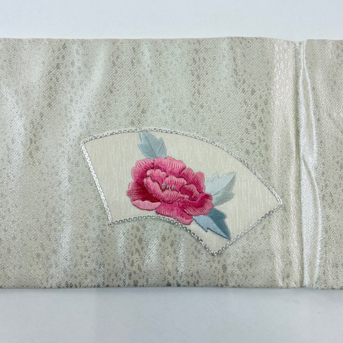 名古屋帯 優品 草花 扇面 刺繍 銀糸 銀色 正絹｜中古・古着