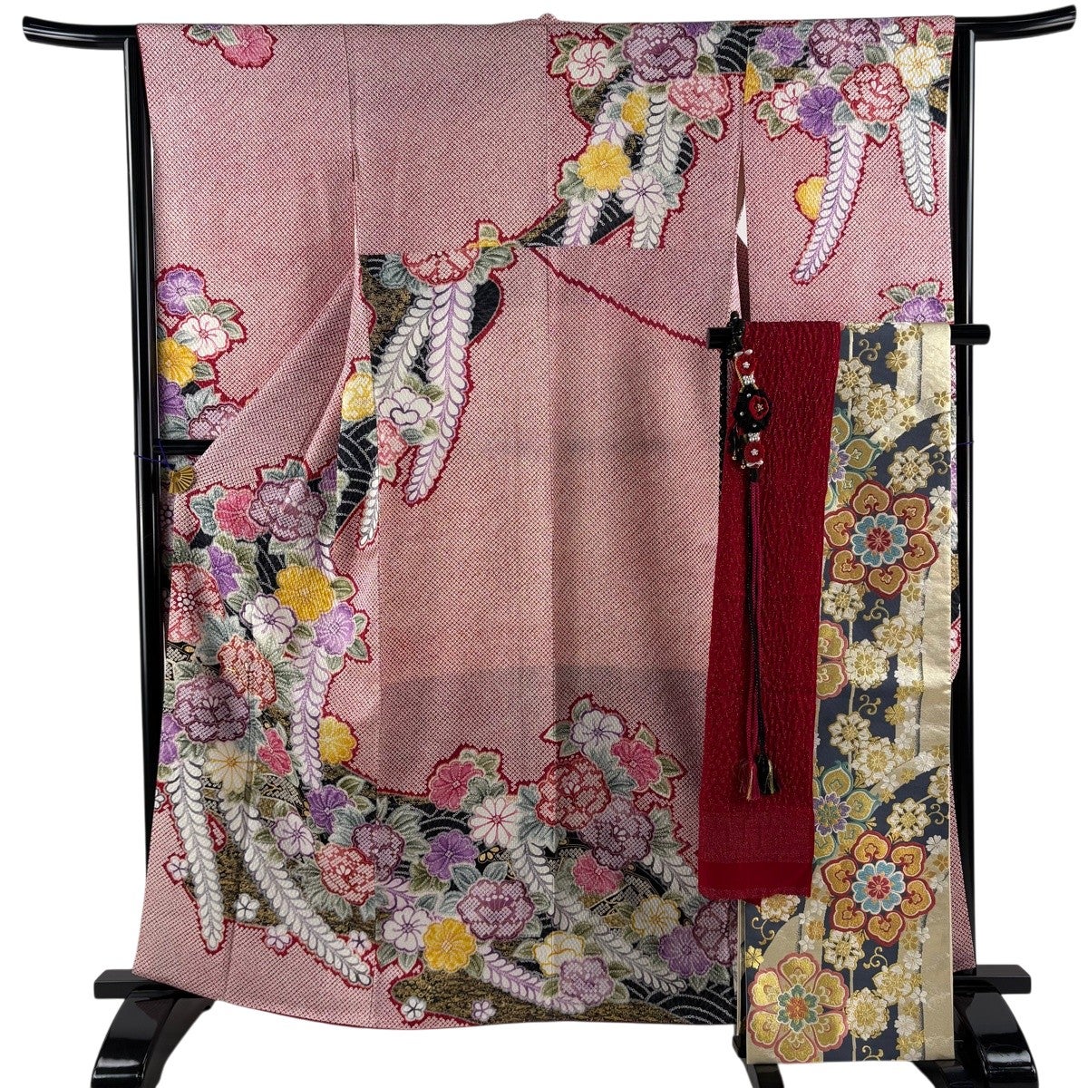 美品】 振袖 身丈162.5cm 裄丈64cm M 袷 袋帯フルセット 牡丹 桜 金糸