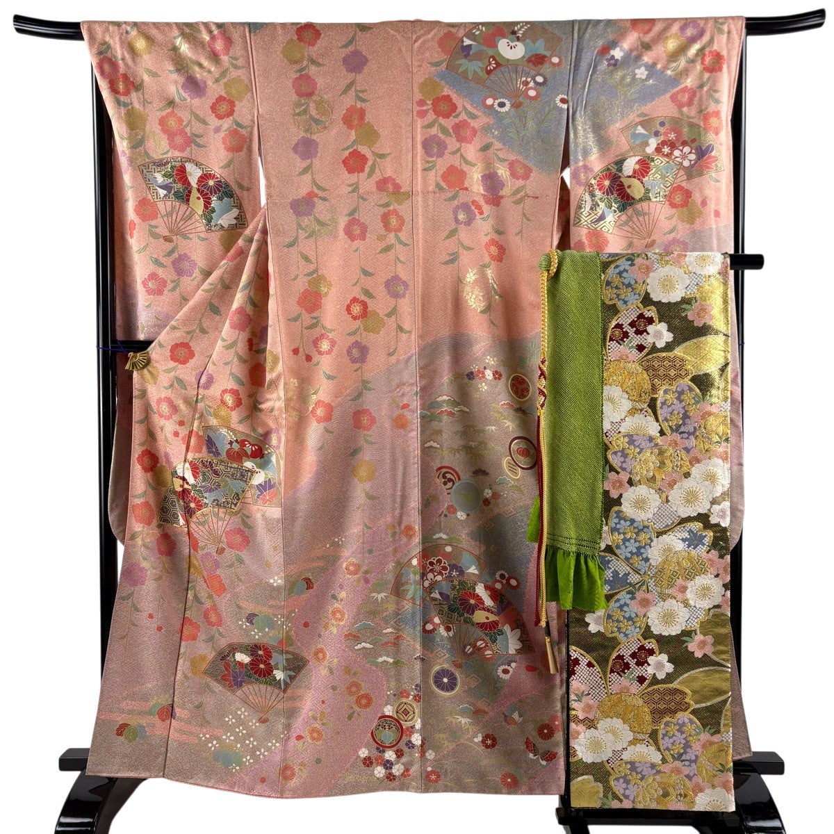 美品】 振袖 身丈163cm 裄丈68cm L 袷 袋帯フルセット 扇 桜 金糸 金彩