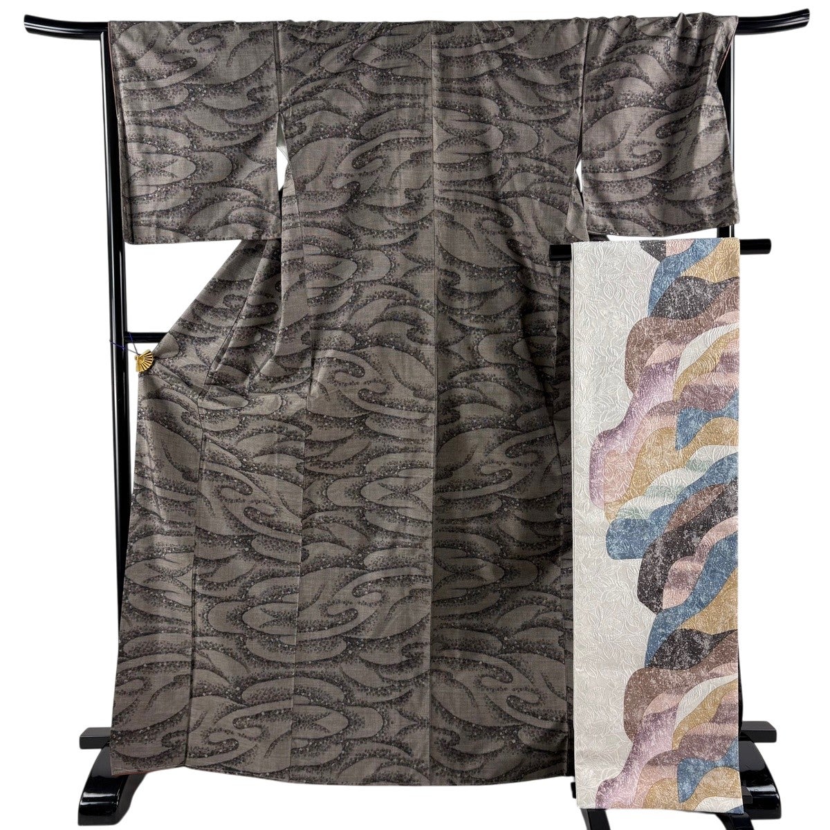 美品】 紬 身丈169.5cm 裄丈69cm L 袷 袋帯セット 幾何学 灰茶 正絹 秀