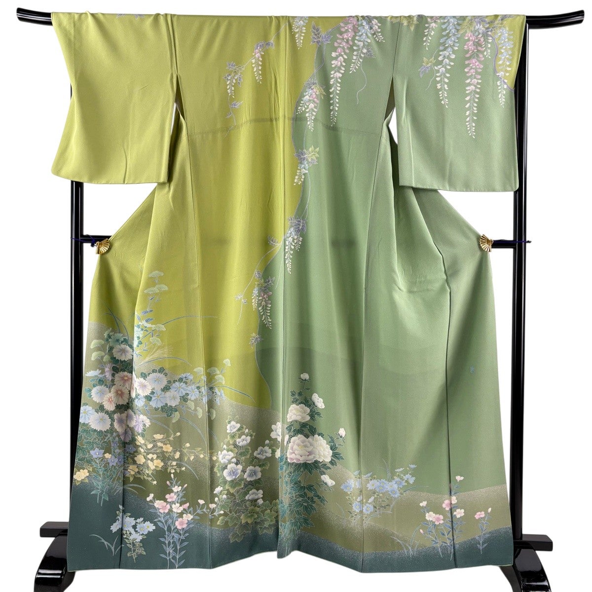 訪問着 身丈165cm 裄丈71cm L 袷 菊 秋草 染め分け 黄緑色 正絹 逸品