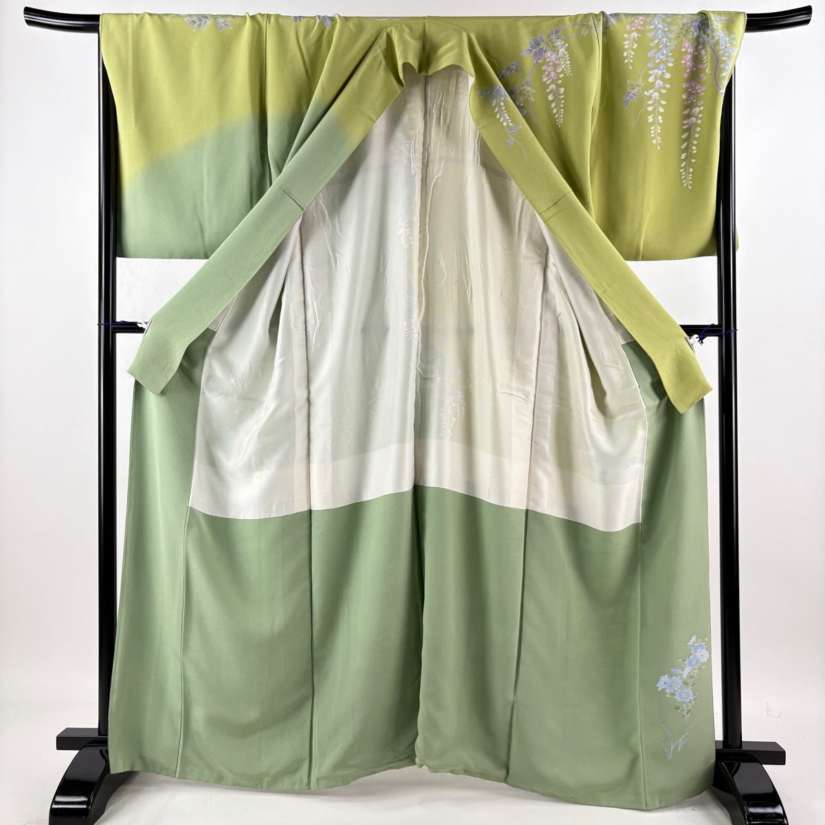 訪問着 身丈165cm 裄丈71cm L 袷 菊 秋草 染め分け 黄緑色 正絹 逸品
